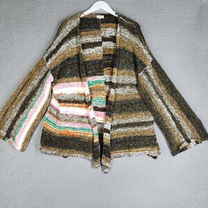 POL Cardigan Sweater Women's Large Knit Open Oversized Boho Cozy Brown Striped